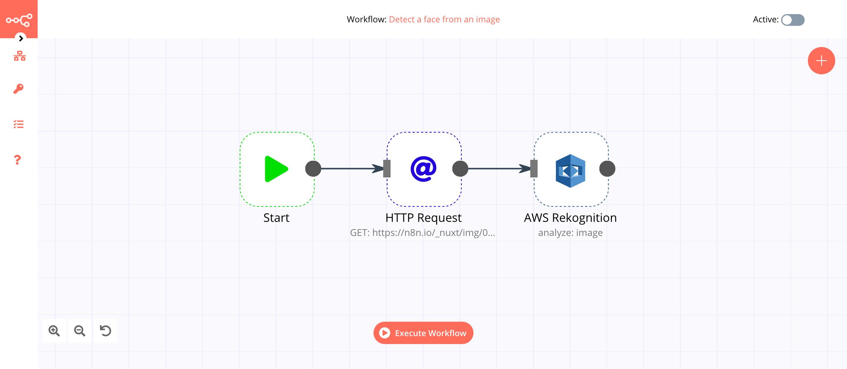 A workflow with the AWS Rekognition node