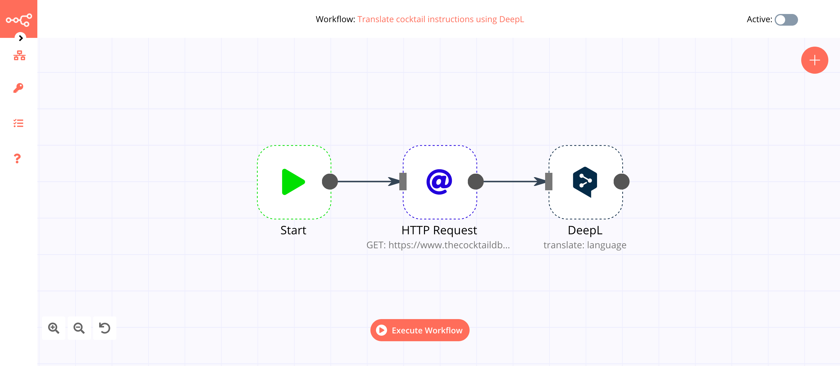 A workflow with the DeepL node