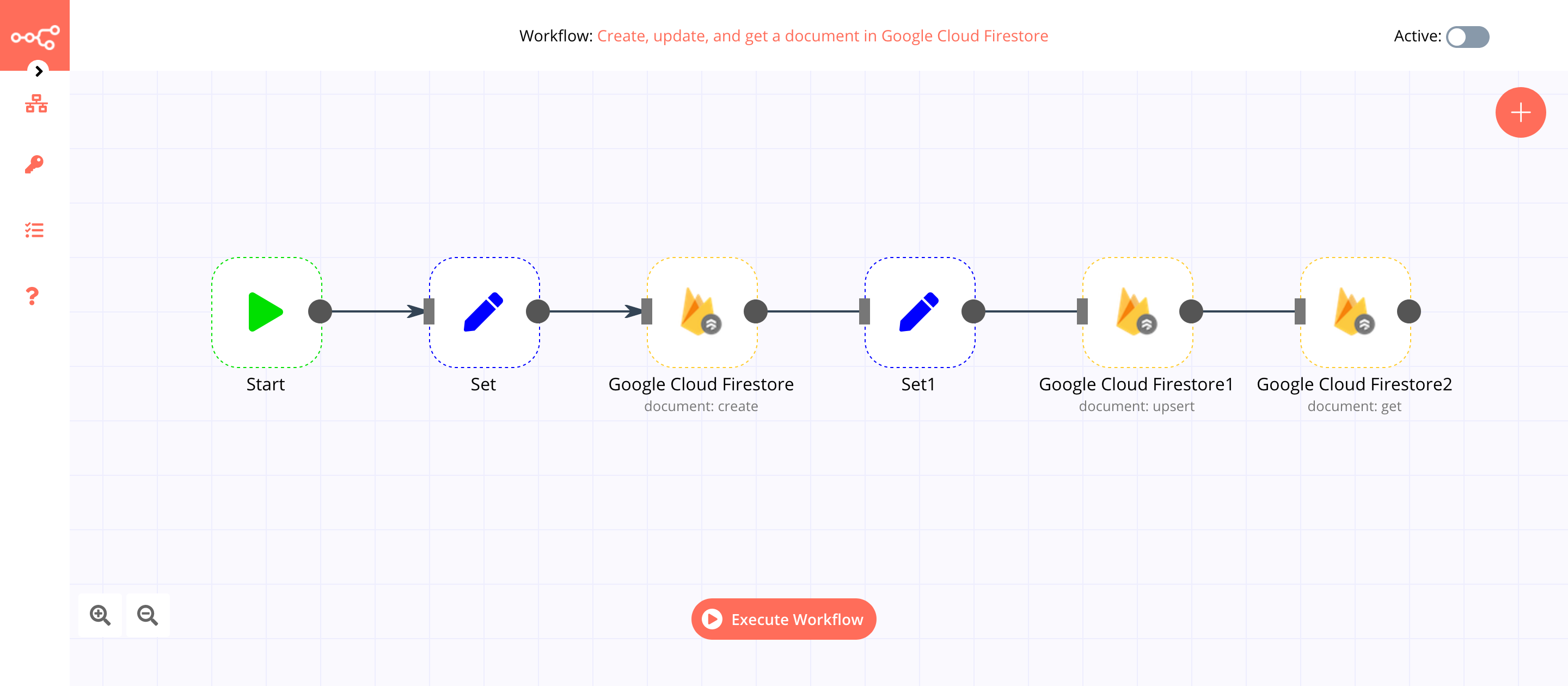A workflow with the Google Cloud Firestore node