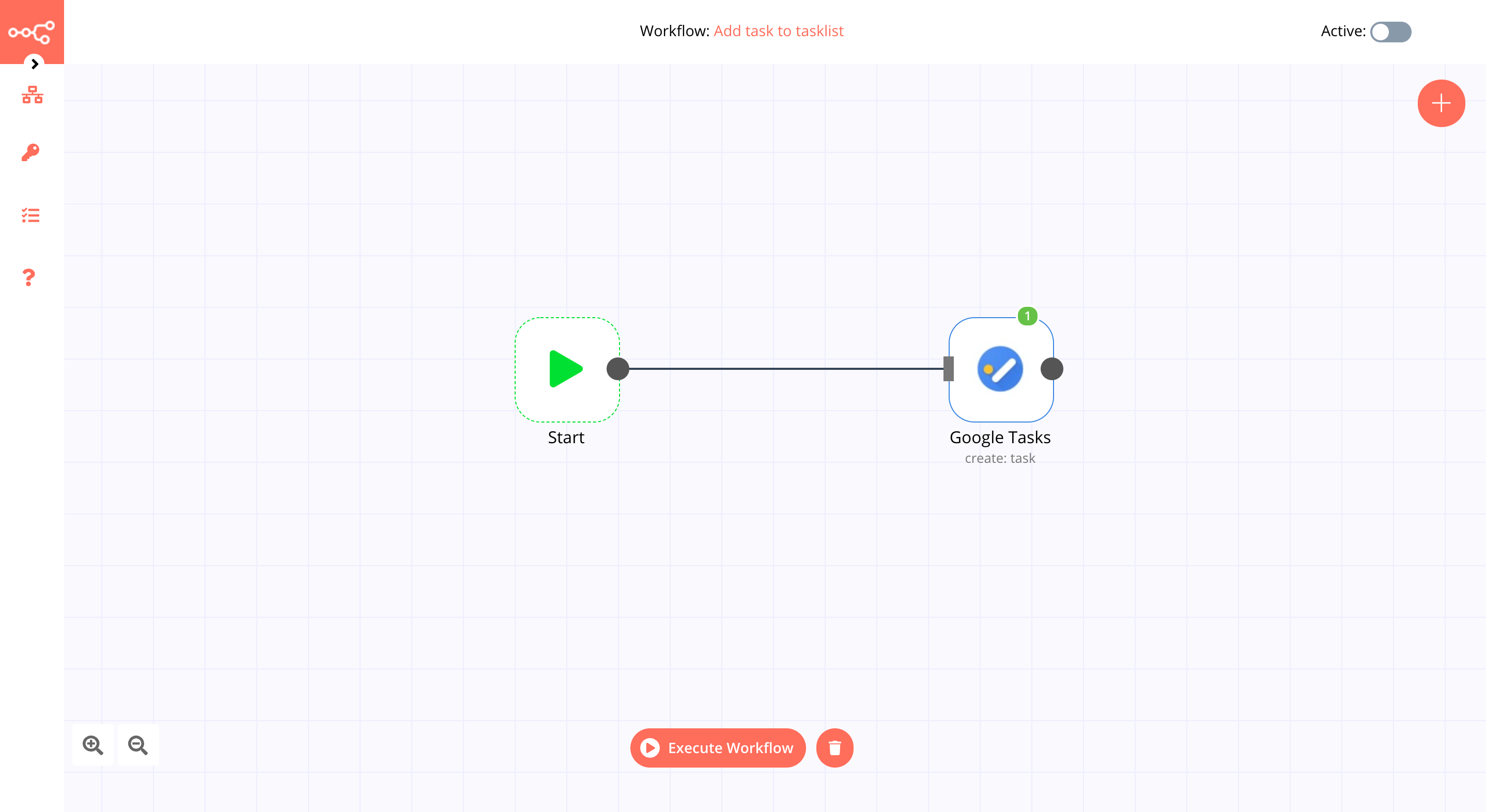A workflow with the Google Tasks node